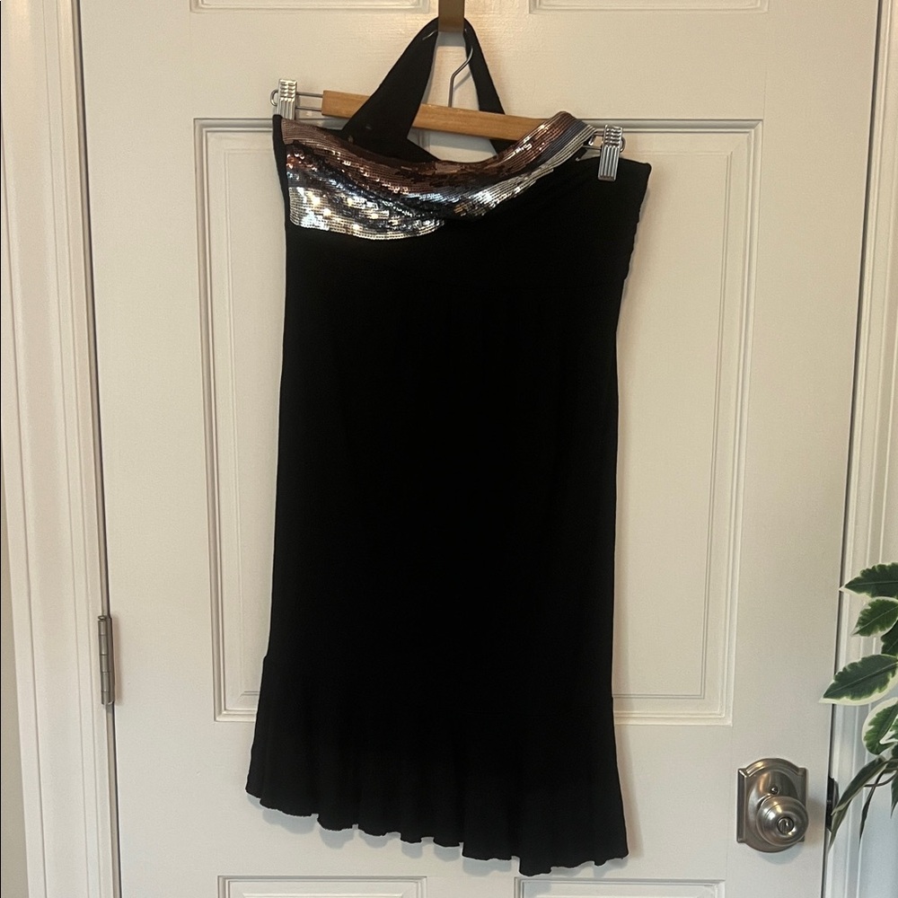 Mango Black Single Shoulder Dress with Silver and Brown Sequin Detail